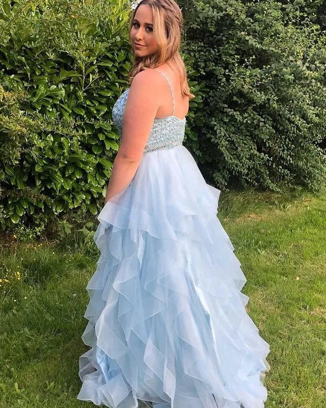 Spaghetti‑Strap Light‑Blue Beaded‑Bodice Ruffle‑Tiered A‑Line Prom Dress