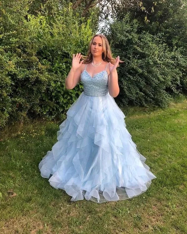 Spaghetti‑Strap Light‑Blue Beaded‑Bodice Ruffle‑Tiered A‑Line Prom Dress