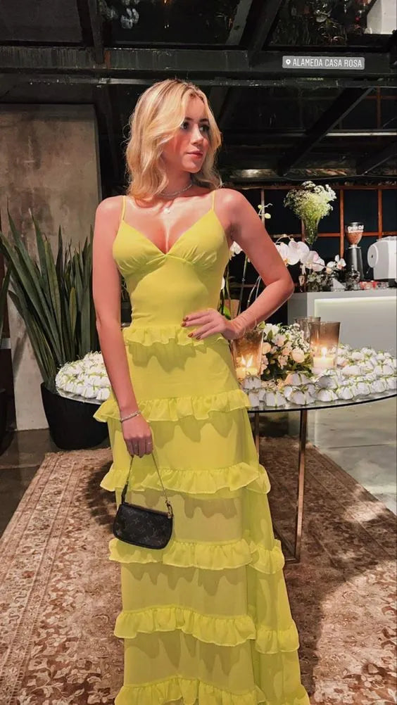 Spaghetti‑Strap Lime‑Yellow‑Chiffon Tiered‑Ruffle V‑Neck Floor‑Length Prom Dress