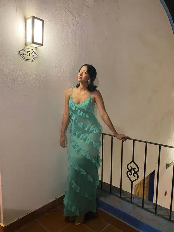 Spaghetti‑Strap Mint‑Green Chiffon Diagonal‑Ruffle Slip‑Style Floor‑Length Prom Dress