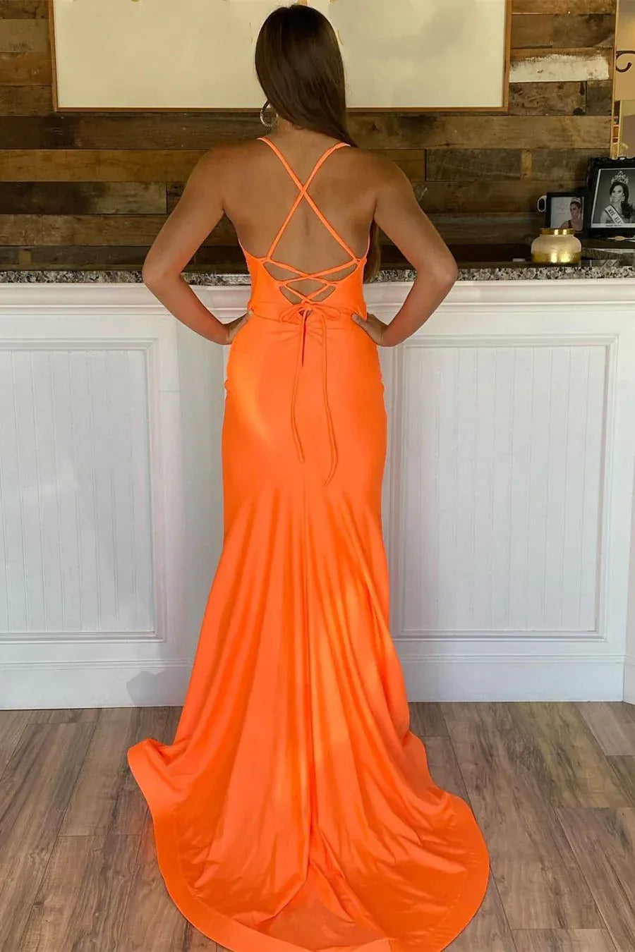 Spaghetti‑Strap Neon‑Orange Stretch‑Satin Crisscross‑Back High‑Slit Mermaid Prom Dress