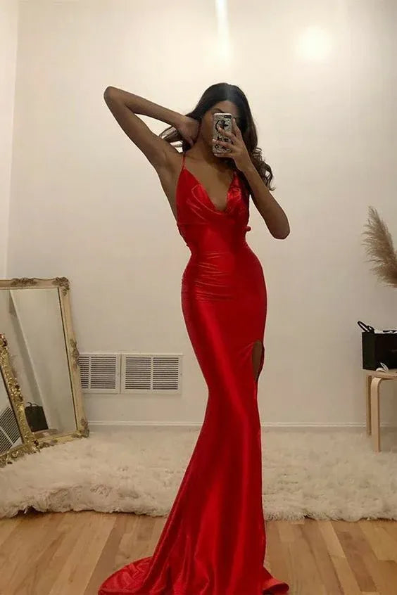 Spaghetti‑Strap Red Satin Cowl‑Neck Mermaid Prom Dress