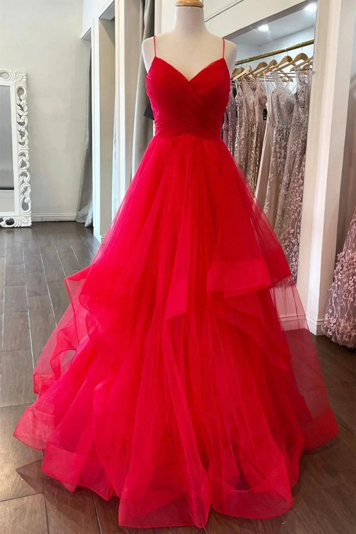 Spaghetti‑Strap Red Tulle Ruched‑Bodice Tiered‑Ruffle A‑Line Prom Dress
