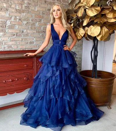 Spaghetti‑Strap Royal‑Blue Glitter‑Tulle Tiered‑Ruffle A‑Line Prom Dress