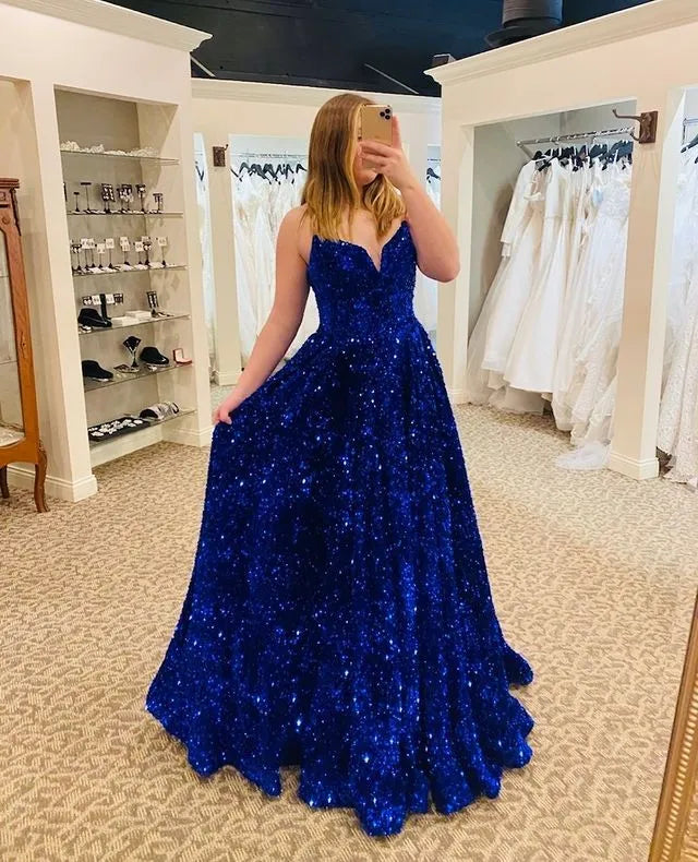 Spaghetti‑Strap Royal‑Blue Sequin Sweetheart A‑Line Prom Dress