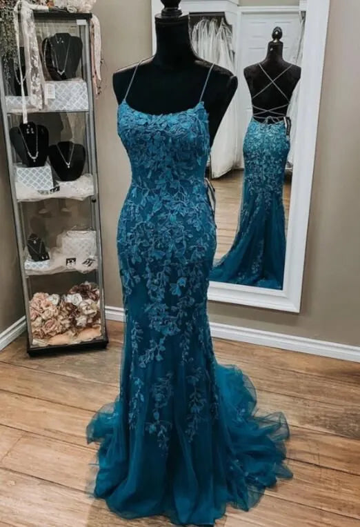 Spaghetti‑Strap Teal‑Blue Floral‑Lace Crisscross‑Back Mermaid Prom Dress