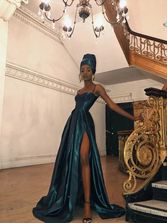 Spaghetti‑Strap Teal‑Satin Sweetheart‑Neck High‑Slit A‑Line Floor‑Length Prom Dress