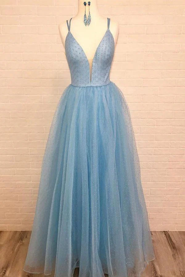 Wholesa A-line Spaghetti Strap V Neck Sky Blue Prom Dress with Tiny Dot Print