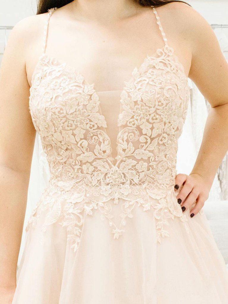 Wholesa A-line V Neckline Spaghetti Straps Illusion Plunging Wedding Dress