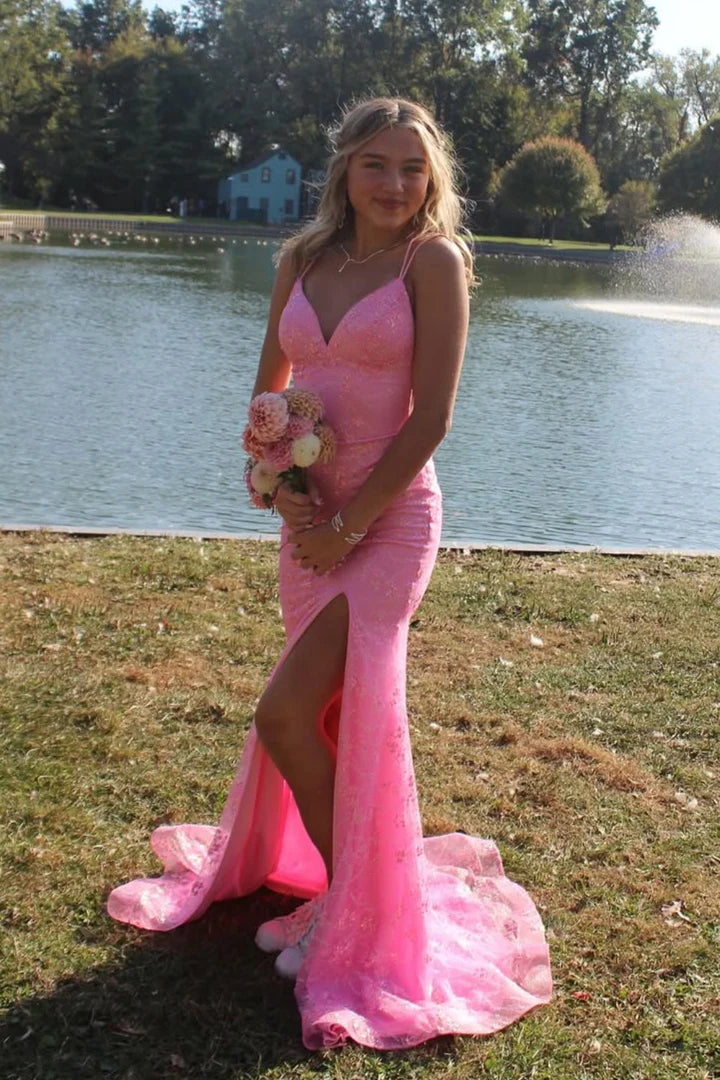 Sparkling Fitted V-neck Spaghetti Strap Lace-Up High-Slit Mermaid Prom Dress