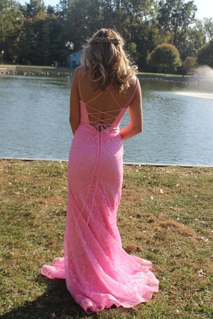 Sparkling Fitted V-neck Spaghetti Strap Lace-Up High-Slit Mermaid Prom Dress