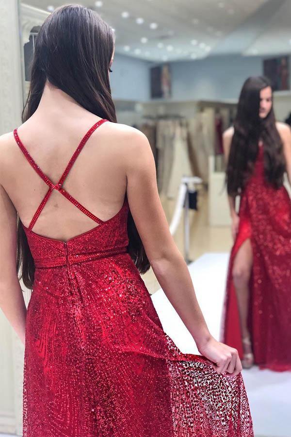 Wholesa A-Line Sparkly V Neck Red Long Prom Dresses Formal Dress with Split