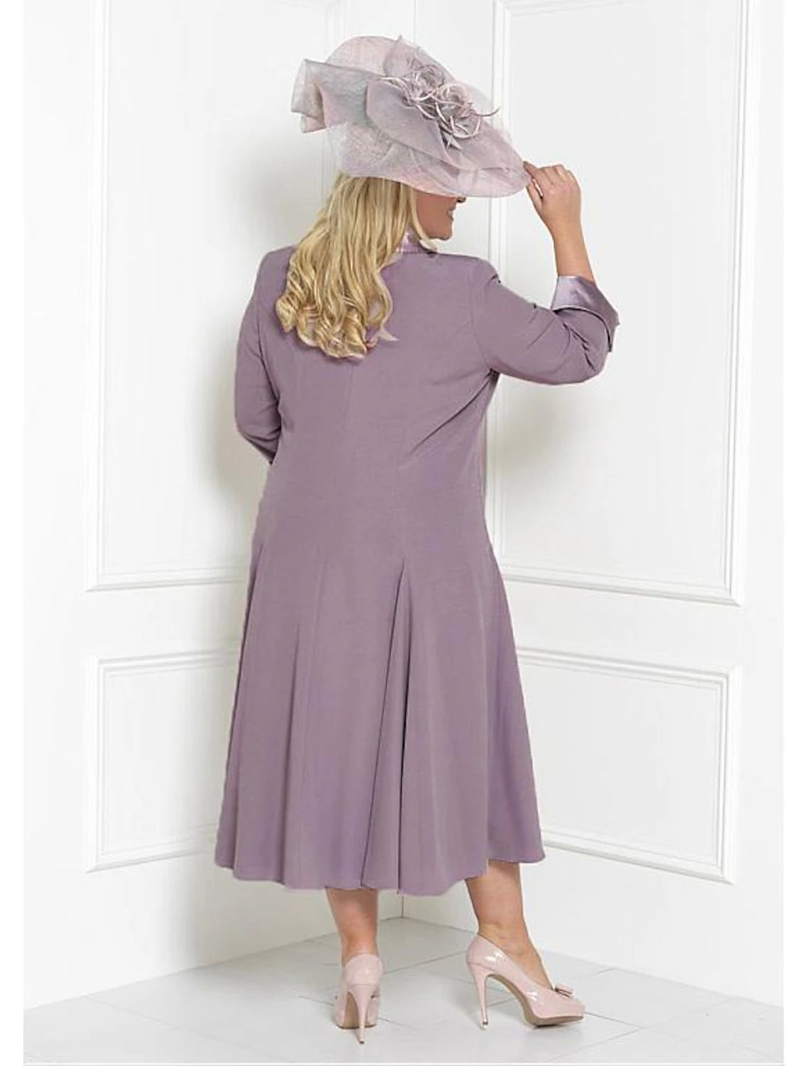 wholesale   Two Piece Sheath / Column Mother of the Bride Dress Church Plus Size Wrap Included Square Neck Tea Length Charmeuse 3/4 Length Sleeve with Sash / Ribbon Ruching