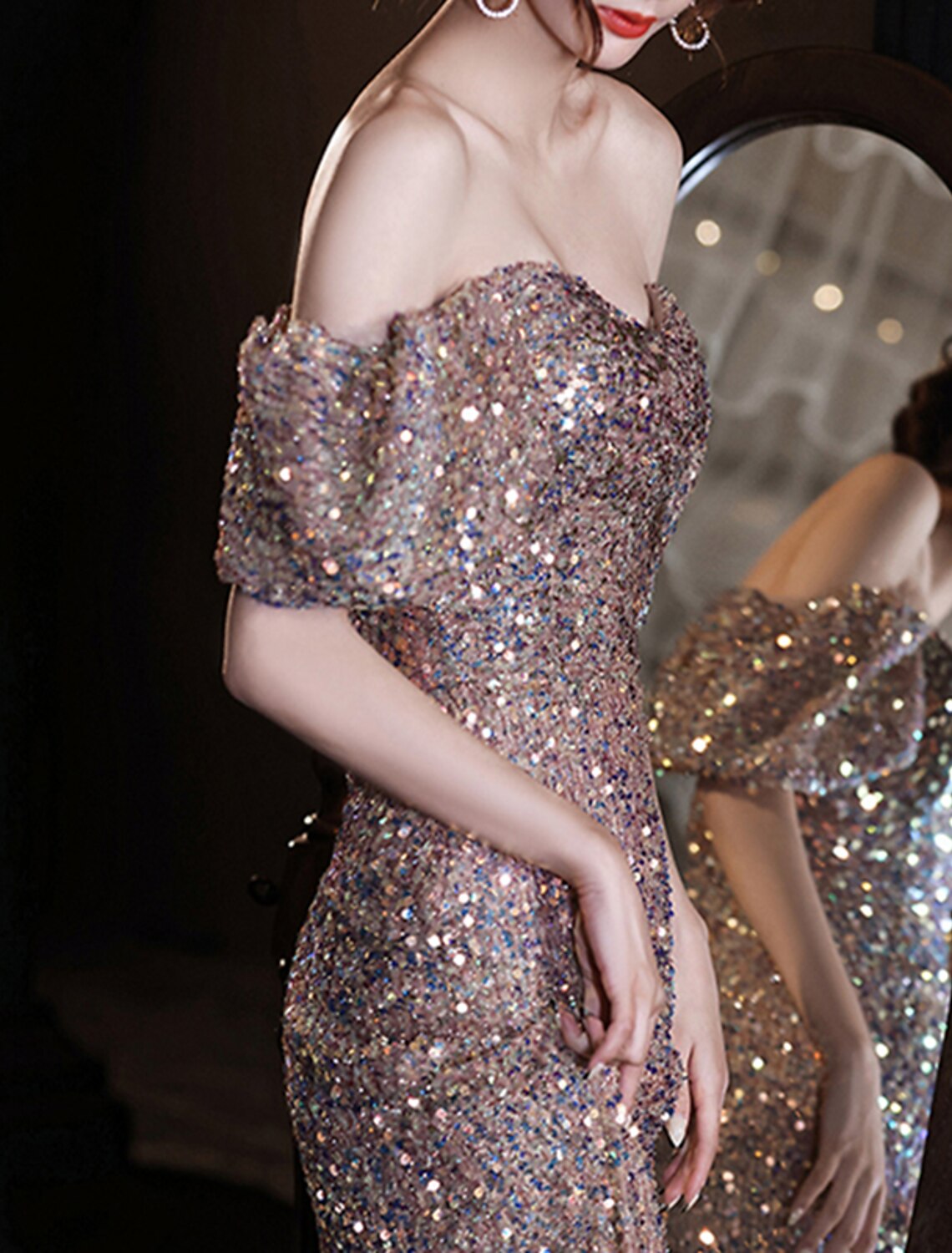 Wholesa Mermaid / Trumpet Prom Dresses Elegant Dress Wedding Guest Prom Floor Length Short Sleeve Sweetheart Lace with Sequin