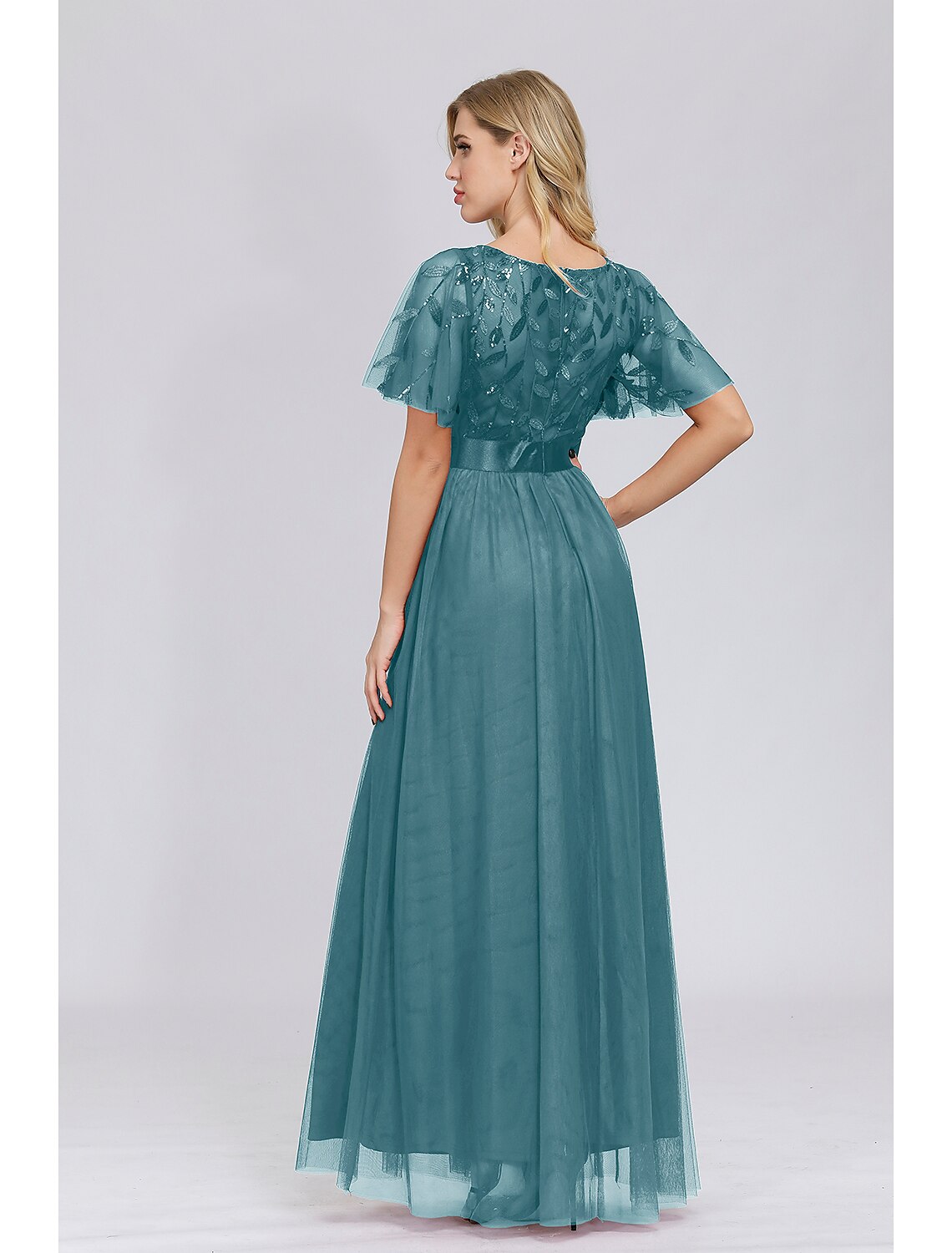 wholesa A-Line Empire Elegant Party Wear Prom Dress Jewel Neck Short Sleeve Floor Length Tulle with Embroidery / Illusion Sleeve