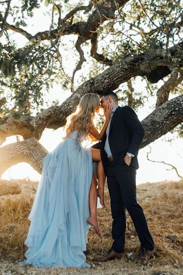 Wholesa Beach Split Sky Blue Rustic Wedding Dresses Wedding Gown with Court Train