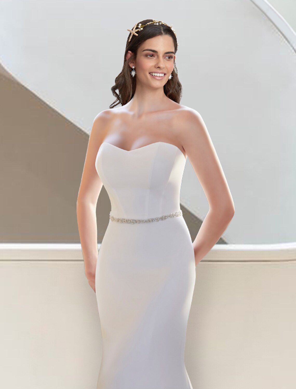 wholesale  Formal Fall Wedding Dresses Two Piece Sweetheart Strapless Court Train Stretch Fabric Bridal Gowns With Sashes / Ribbons