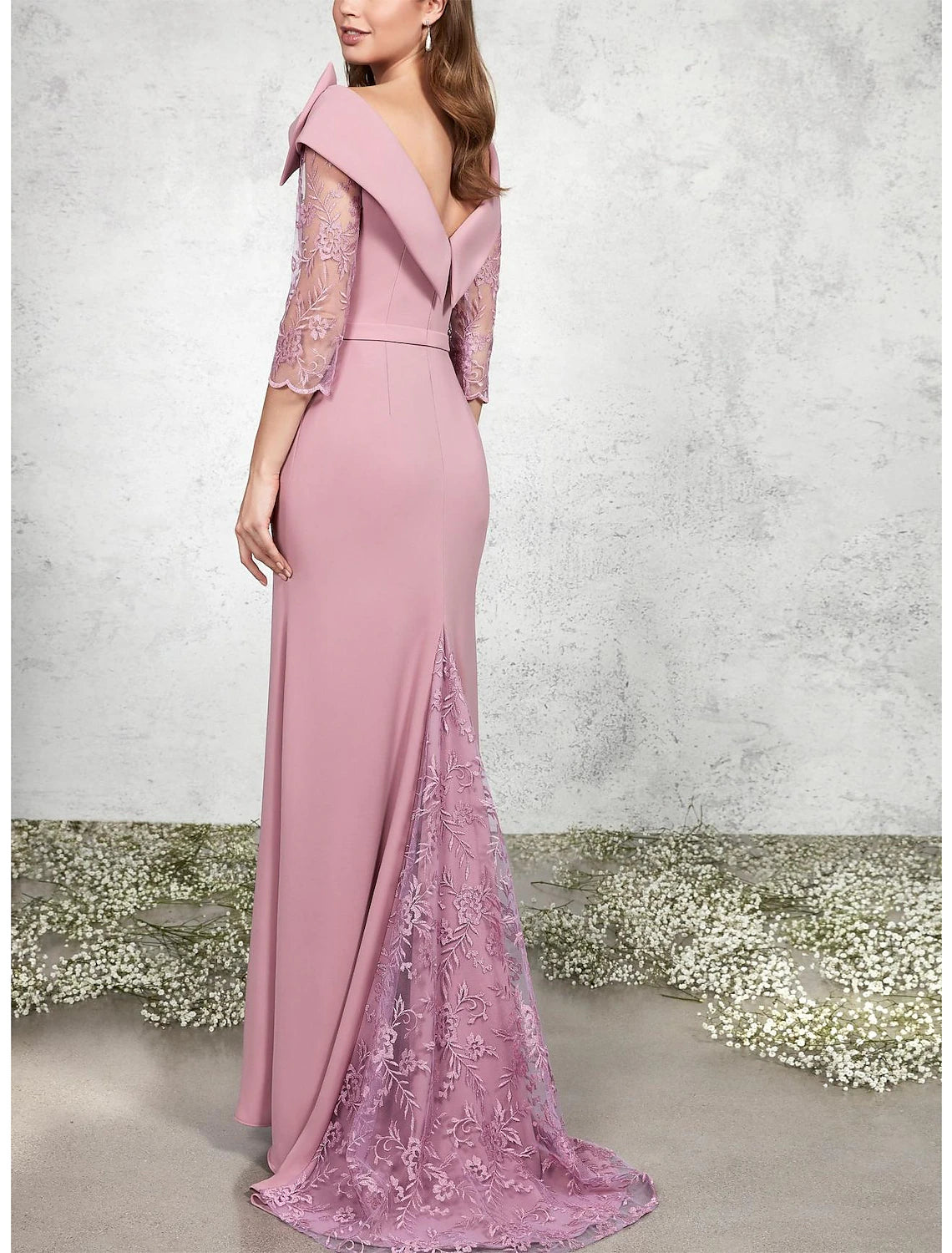 Wholesa  A-Line Mother of the Bride Dress Formal Wedding Guest Elegant Bateau Neck Sweep / Brush Train Chiffon Lace 3/4 Length Sleeve with Bow(s) Appliques