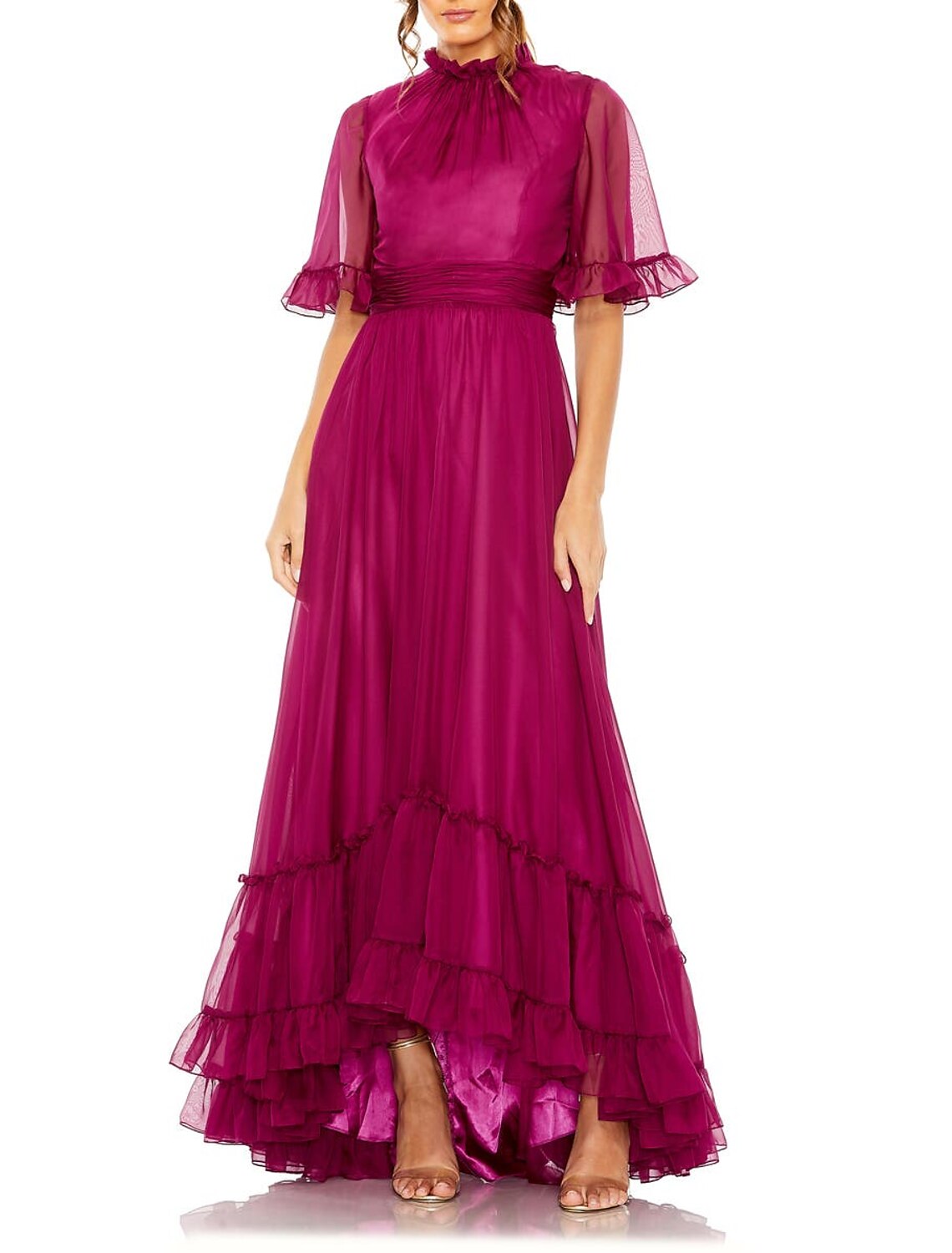 Wholesa A-Line Evening Gown Elegant Dress Wedding Guest Black Tie Floor Length Short Sleeve High Neck Chiffon with Ruched