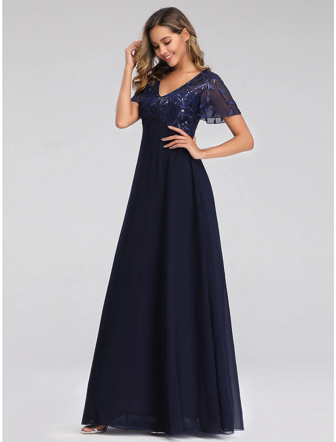 wholesa A-Line Wedding Guest Dresses Elegant Dress Fall Floor Length Short Sleeve V Neck Bridesmaid Dress Tulle with Sequin Appliques