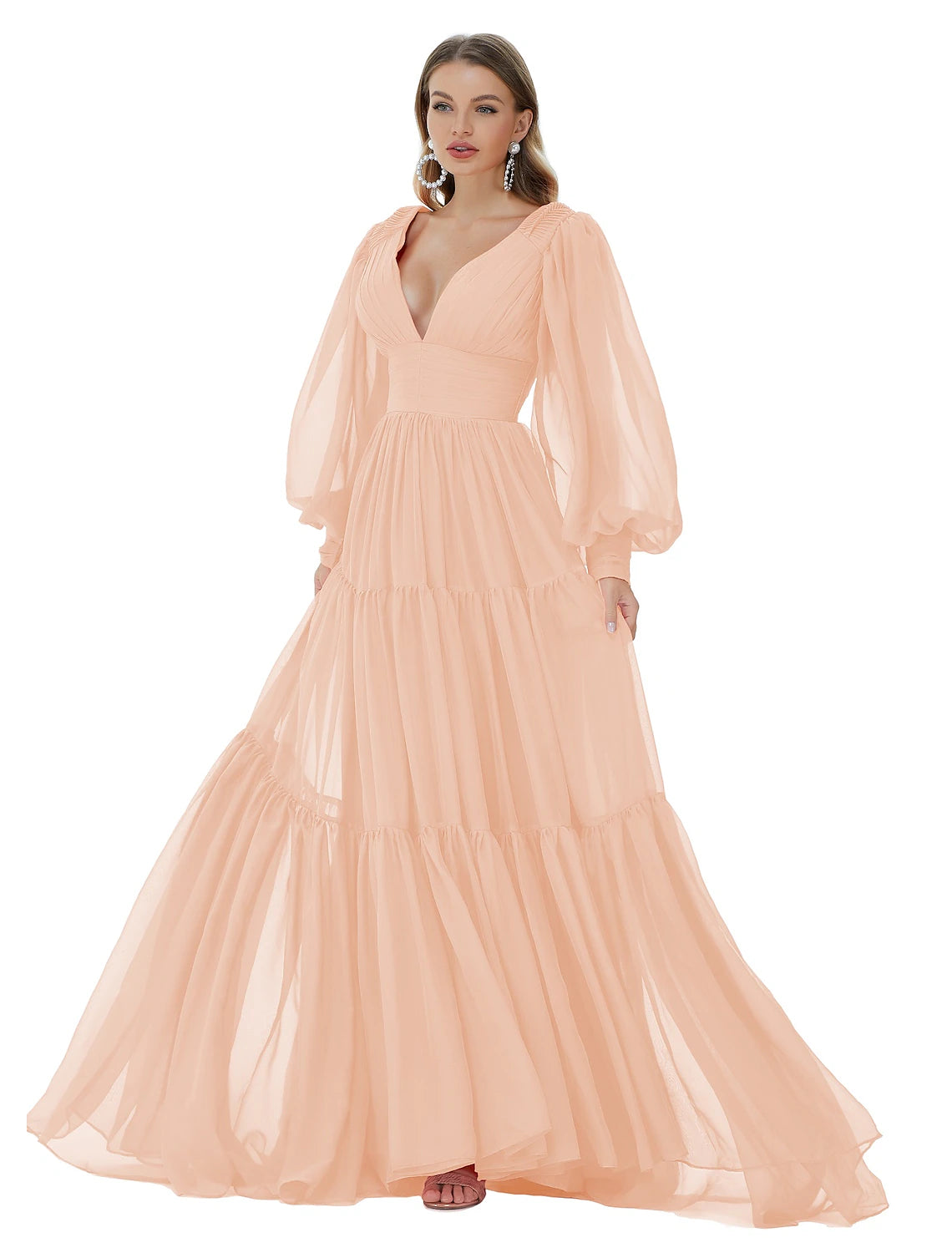 Wholesa A-Line Prom Dresses Sexy Dress Party Wear Formal Evening Sweep / Brush Train Long Sleeve V Neck Chiffon with Ruched