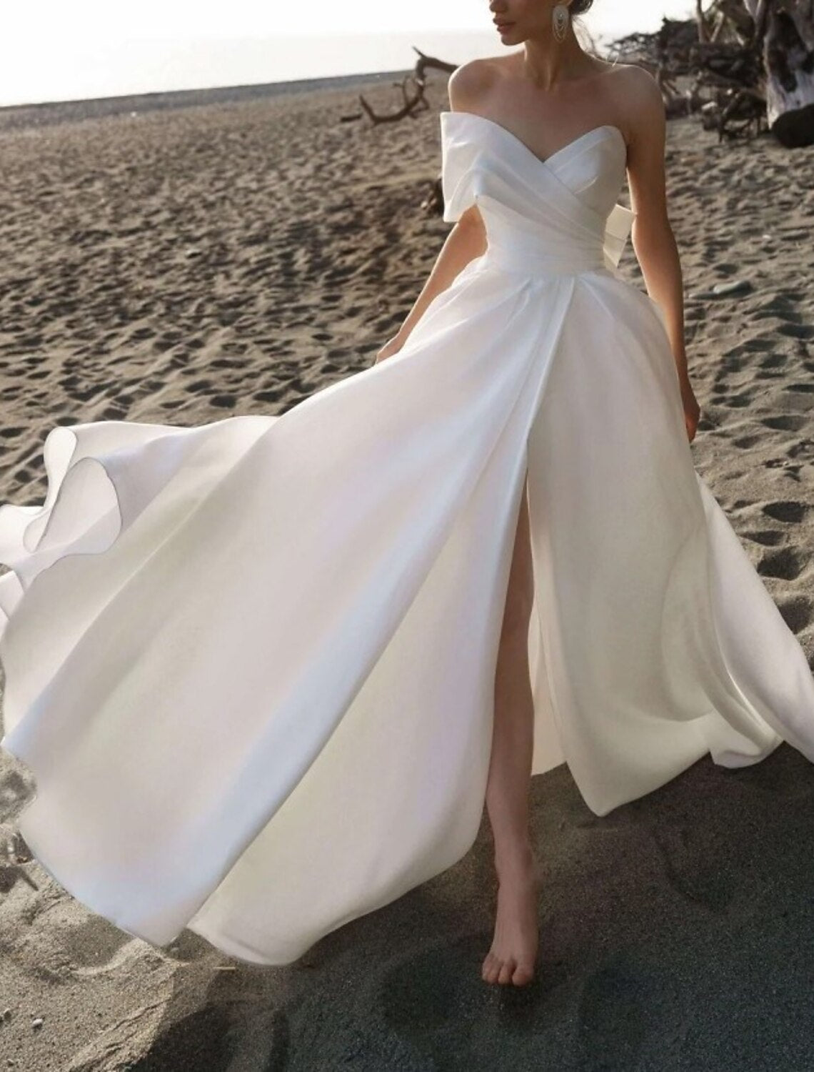 Wholesa Beach Wedding Dresses A-Line One Shoulder Cap Sleeve Court Train Satin Bridal Gowns With Bow(s) Pleats