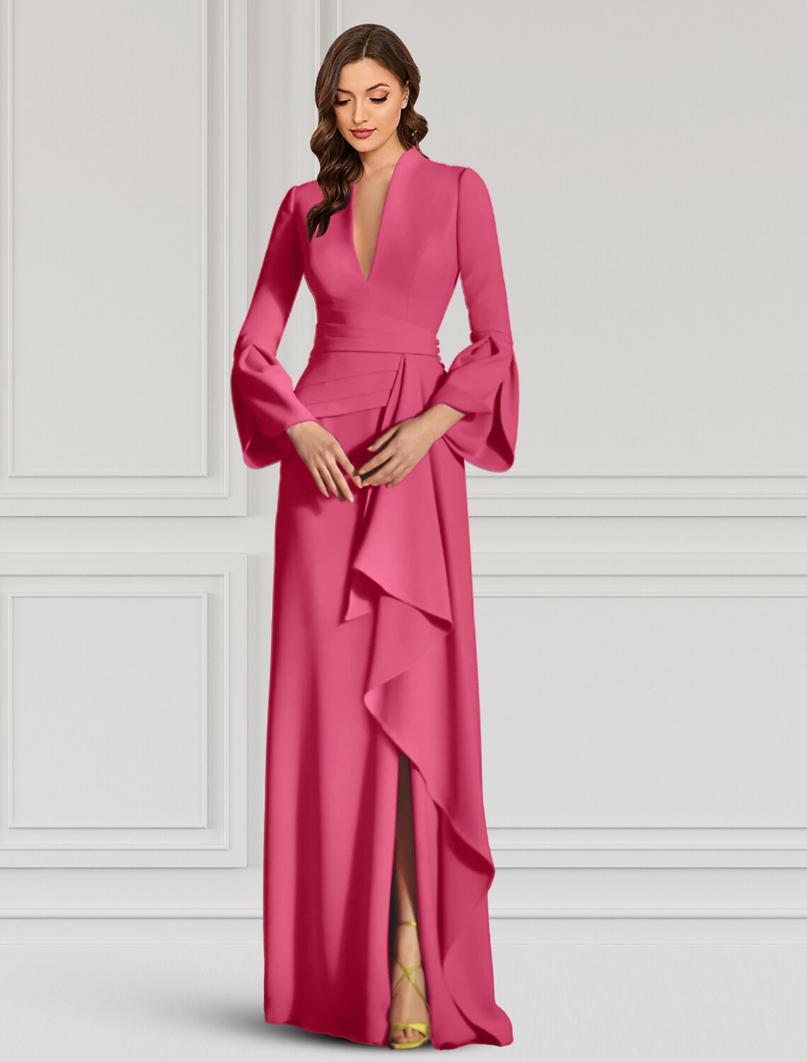 Wholesa  Sheath Evening Gown Elegant Black Dress Formal Cocktail Party Dress Floor Length Long Sleeve V Neck Fall Wedding Guest Stretch Fabric with Ruffles