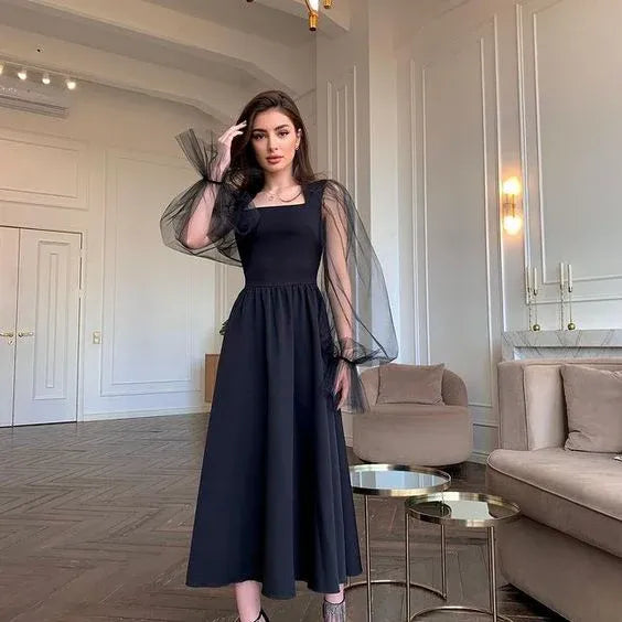 Square‑Neck Black‑Crepe Sheer‑Tulle‑Puff‑Sleeve A‑Line Midi Prom Dress