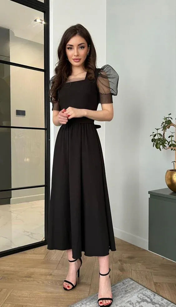 Square‑Neck Black Crepe Tulle‑Puff‑Sleeve Midi Prom Dress
