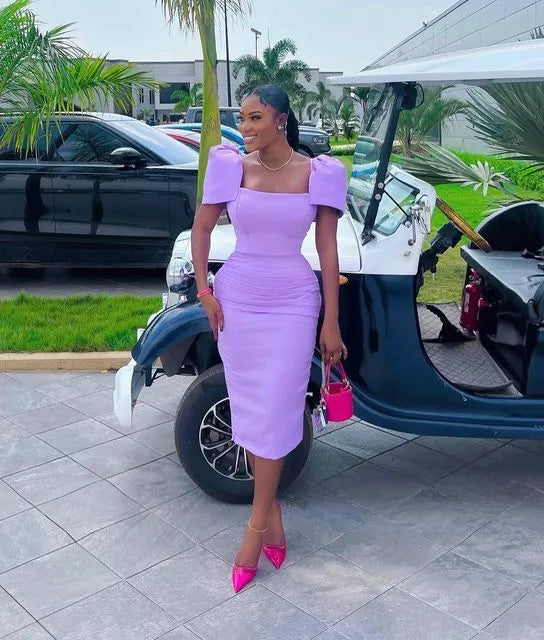 Square‑Neck Lavender‑Satin Puff‑Sleeve Corset‑Back Midi‑Length Prom Dress