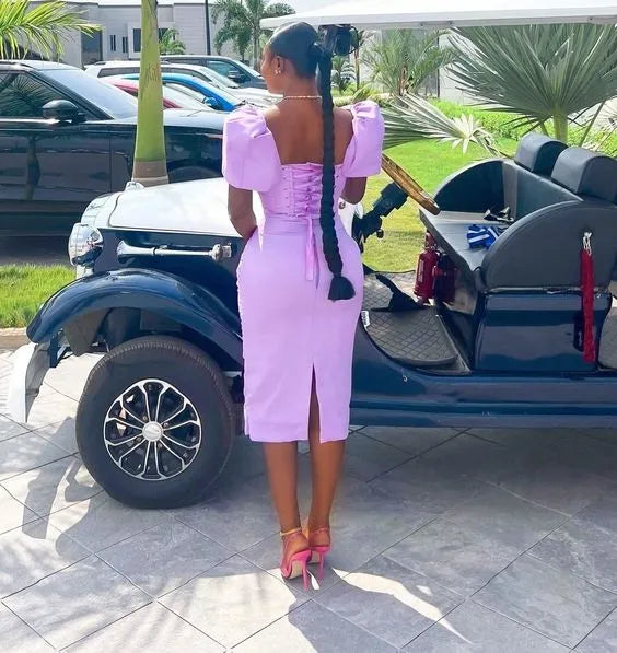 Square‑Neck Lavender‑Satin Puff‑Sleeve Corset‑Back Midi‑Length Prom Dress