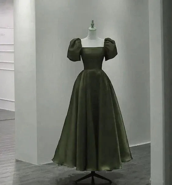 Square‑Neck Olive‑Green Puff‑Short‑Sleeve Organza Midi‑Ball‑Gown Prom Dress