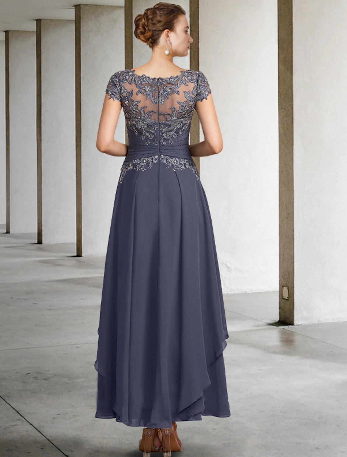 wholesale  Two Piece A-Line Plus Size Curve Mother of the Bride Dress Wedding Guest Elegant Jewel Neck Ankle Length Chiffon Lace Short Sleeve Fall Wrap Included with Ruched Appliques