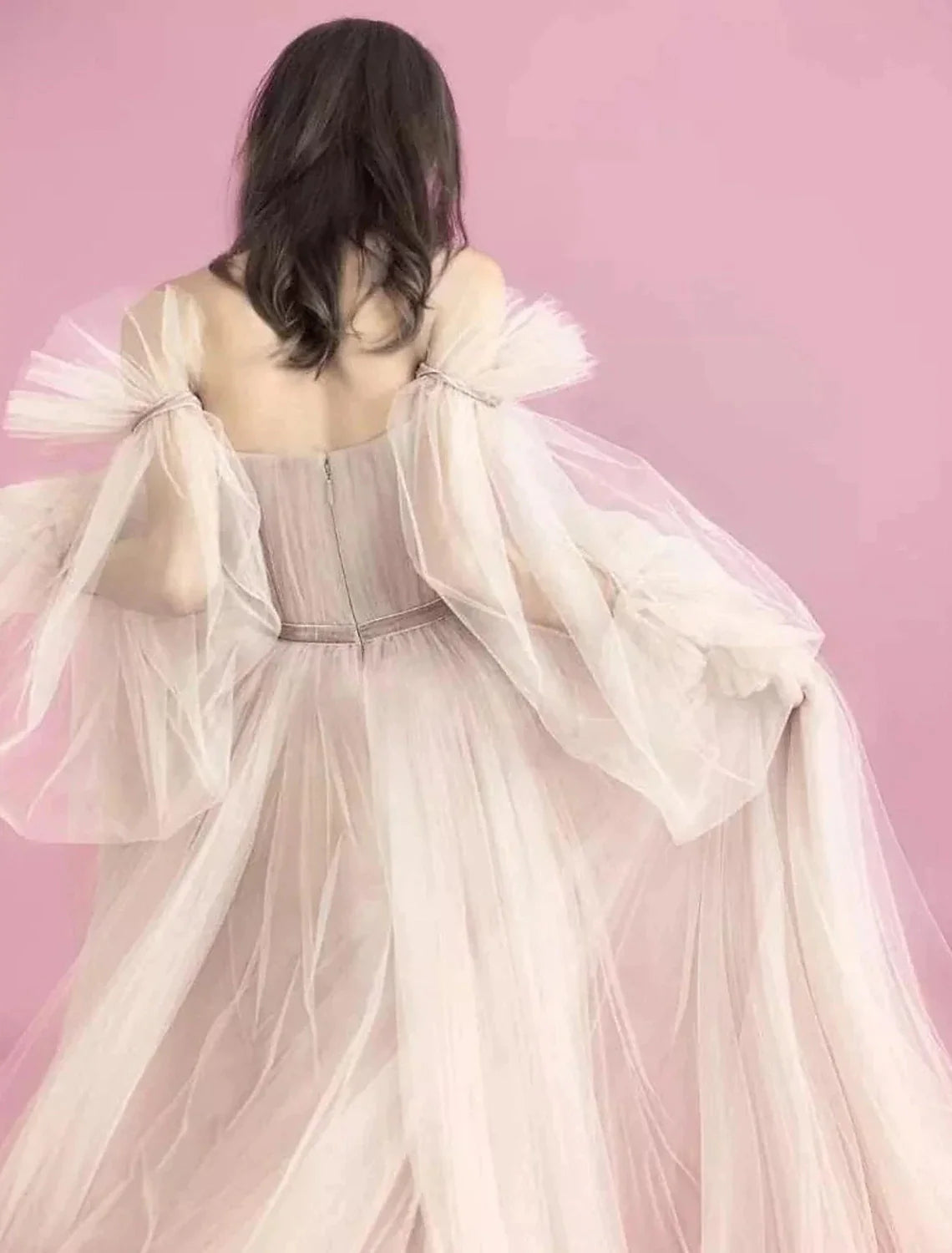 Wholesa A-Line Elegant Boho Engagement Formal Evening Birthday Dress Scoop Neck Long Sleeve Sweep / Brush Train Tulle with Pleats Ruched