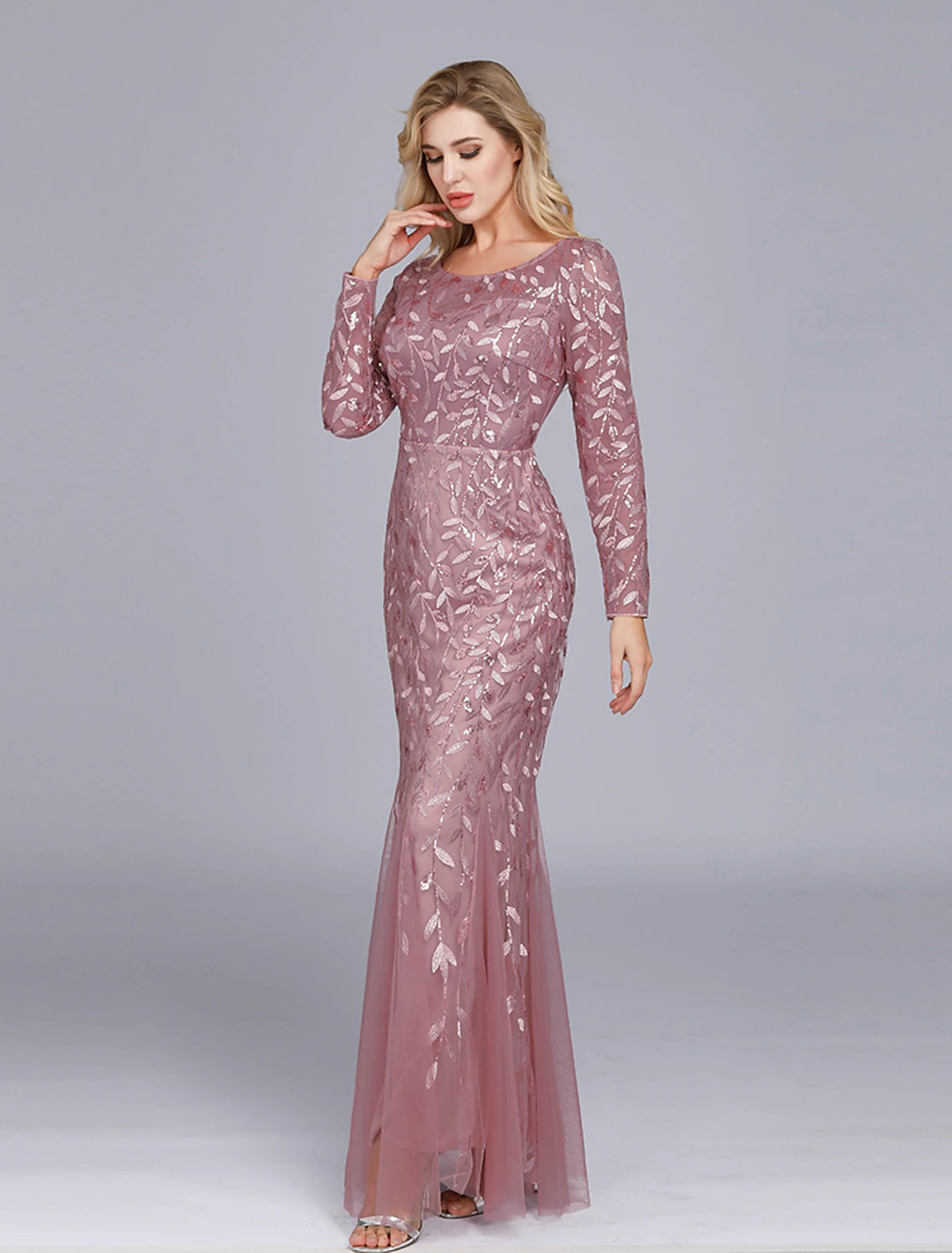 Wholesa Mermaid / Trumpet Empire Elegant Party Wear Formal Evening Valentine's Day Dress Jewel Neck Long Sleeve Floor Length Tulle with Embroidery / Illusion Sleeve