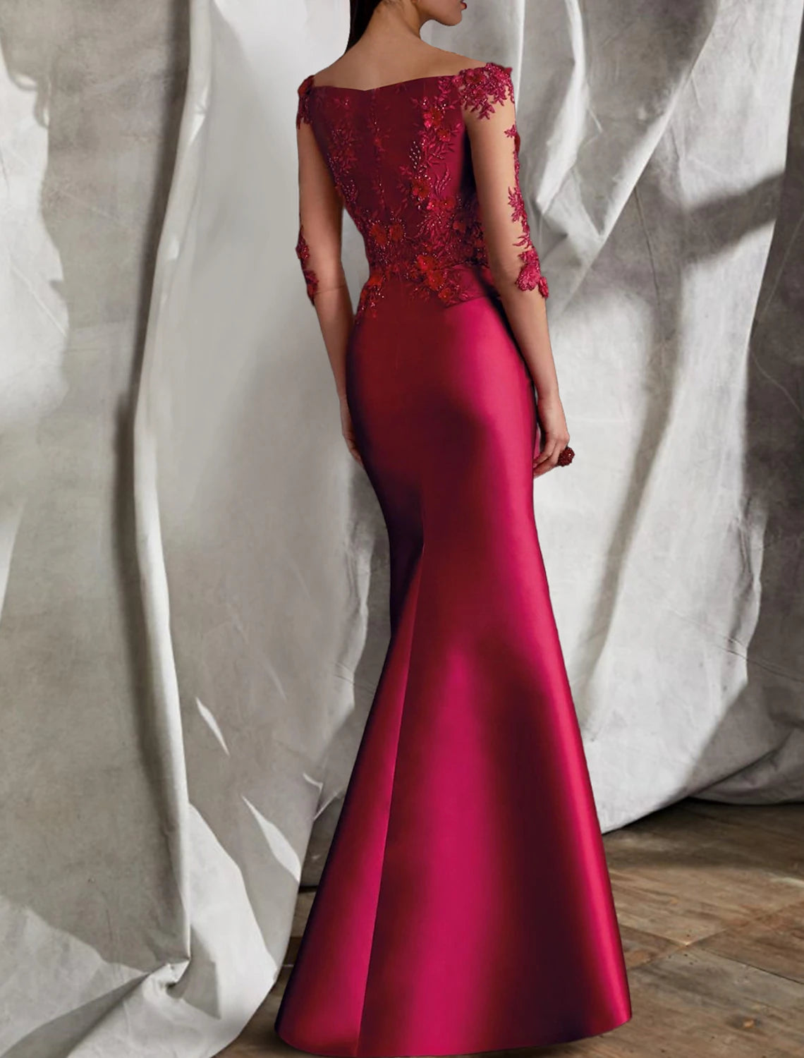 Wholesa Mermaid / Trumpet Evening Gown Elegant Dress Wedding Guest Engagement Floor Length 3/4 Length Sleeve V Neck Satin with Draping Slit Appliques