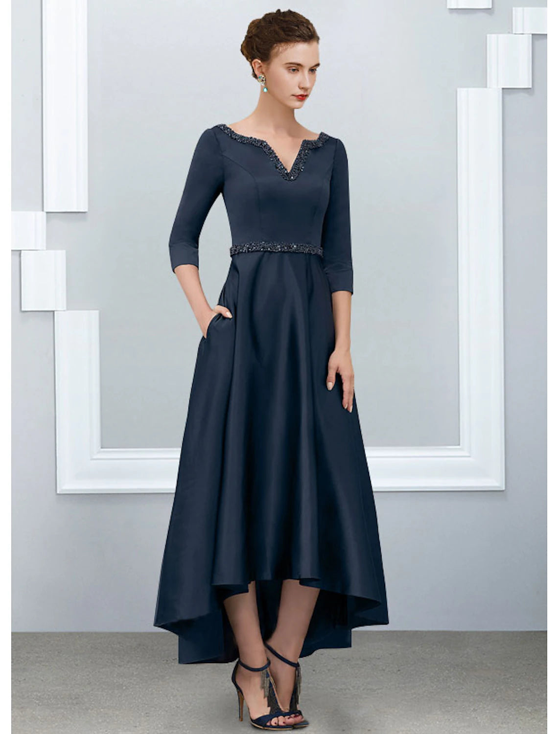 wholesale  A-Line Mother of the Bride Dress Elegant High Low V Neck Asymmetrical Ankle Length Satin Half Sleeve with Pleats