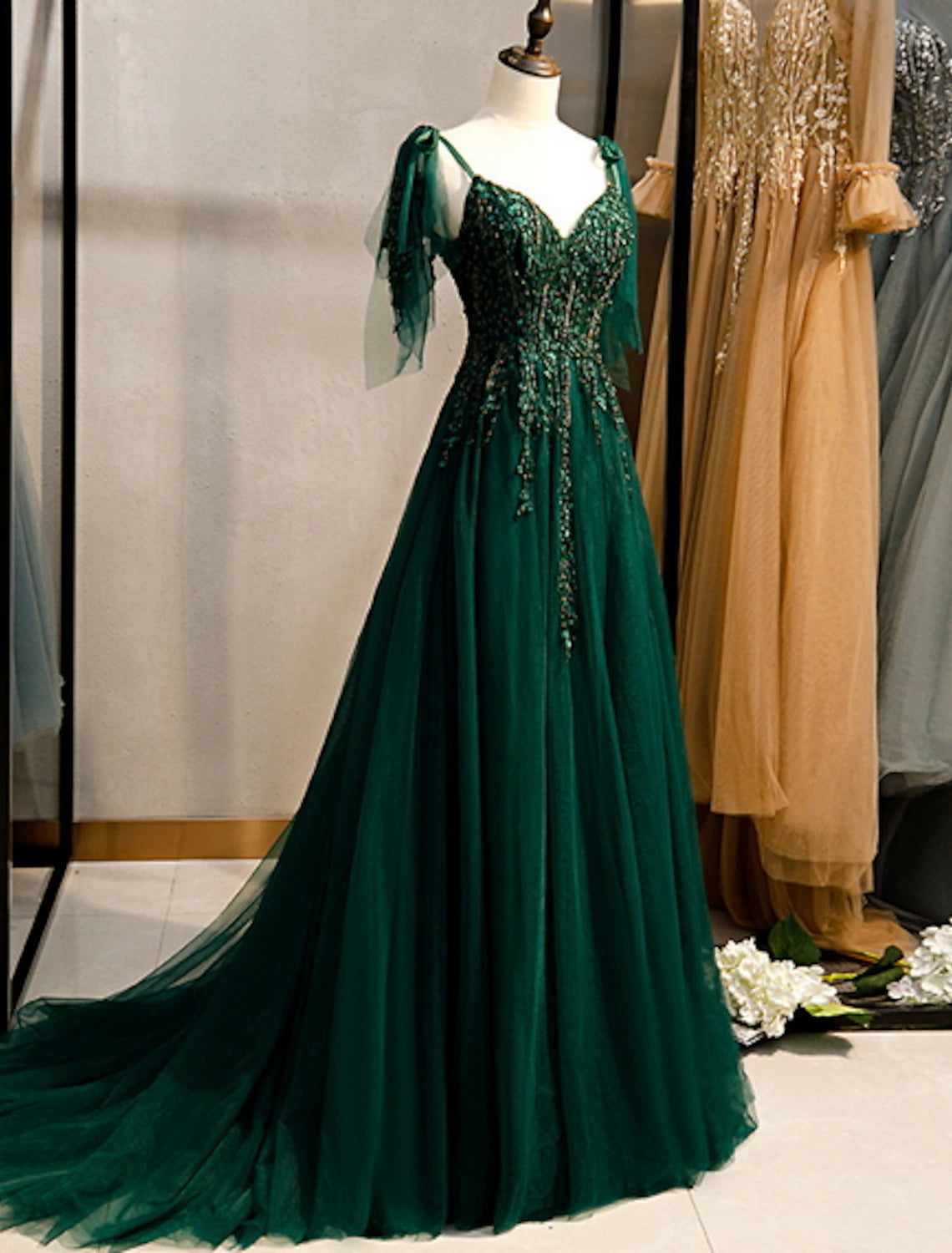 Wholesa  A-Line Party Dress Elegant Engagement Formal Evening Birthday Dress Spaghetti Strap Sleeveless Sweep / Brush Train Polyester with Beading Embroidery