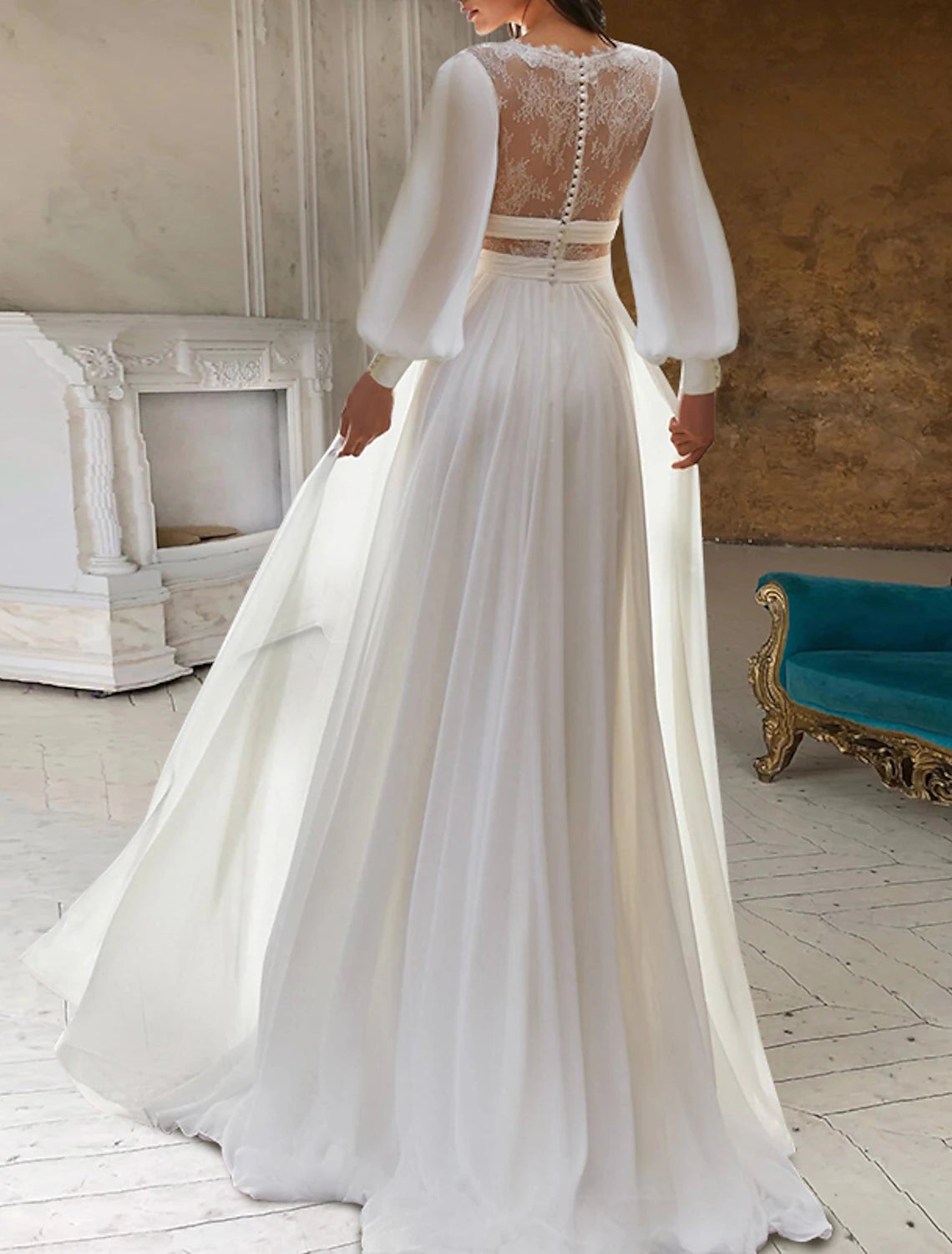 Wholesa Beach Open Back Boho Wedding Dresses A-Line V Neck Long Sleeve Floor Length Chiffon Bridal Gowns With Appliques Solid Color