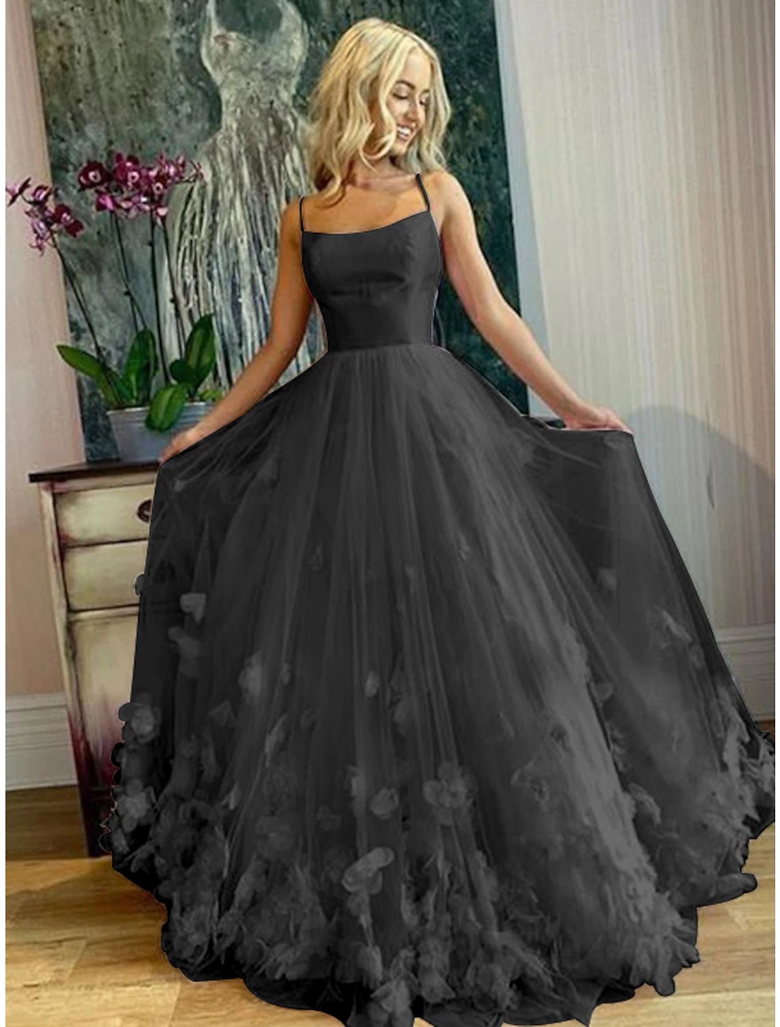 Wholesa A-Line Prom Party Dress Floral Dress Performance Sweet 16 Floor Length Sleeveless Spaghetti Strap Tulle with Pleats Appliques