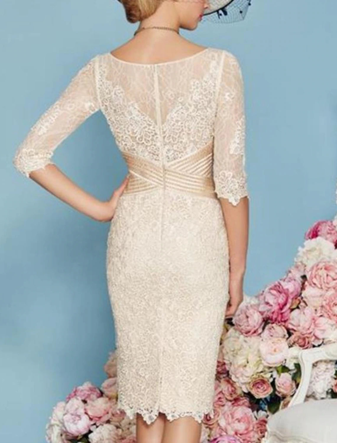 Wholesa Two Piece Sheath / Column Mother of the Bride Dress Elegant With Jacket 3/4 Sleeve Scoop Neck Knee Length Chiffon Lace Sash / Ribbon Winter