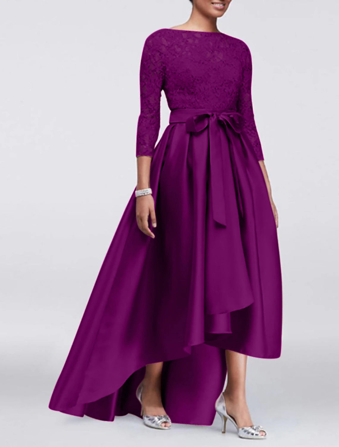 Wholesa A-Line Mother of the Bride Dress Wedding Guest Elegant Plus Size High Low Jewel Neck Asymmetrical Satin Lace 3/4 Length Sleeve with Sash / Ribbon Appliques
