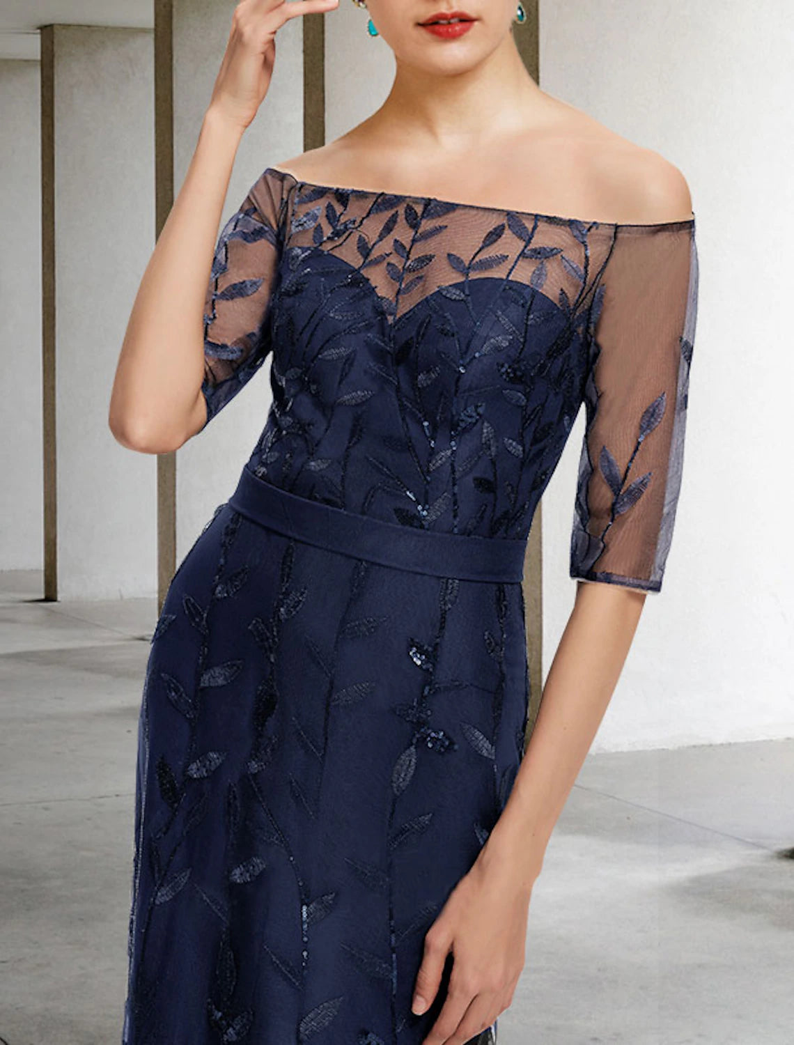 wholesale  A-Line Mother of the Bride Dress Elegant Sparkle & Shine Off Shoulder Floor Length Lace Tulle Half Sleeve with Sequin Appliques