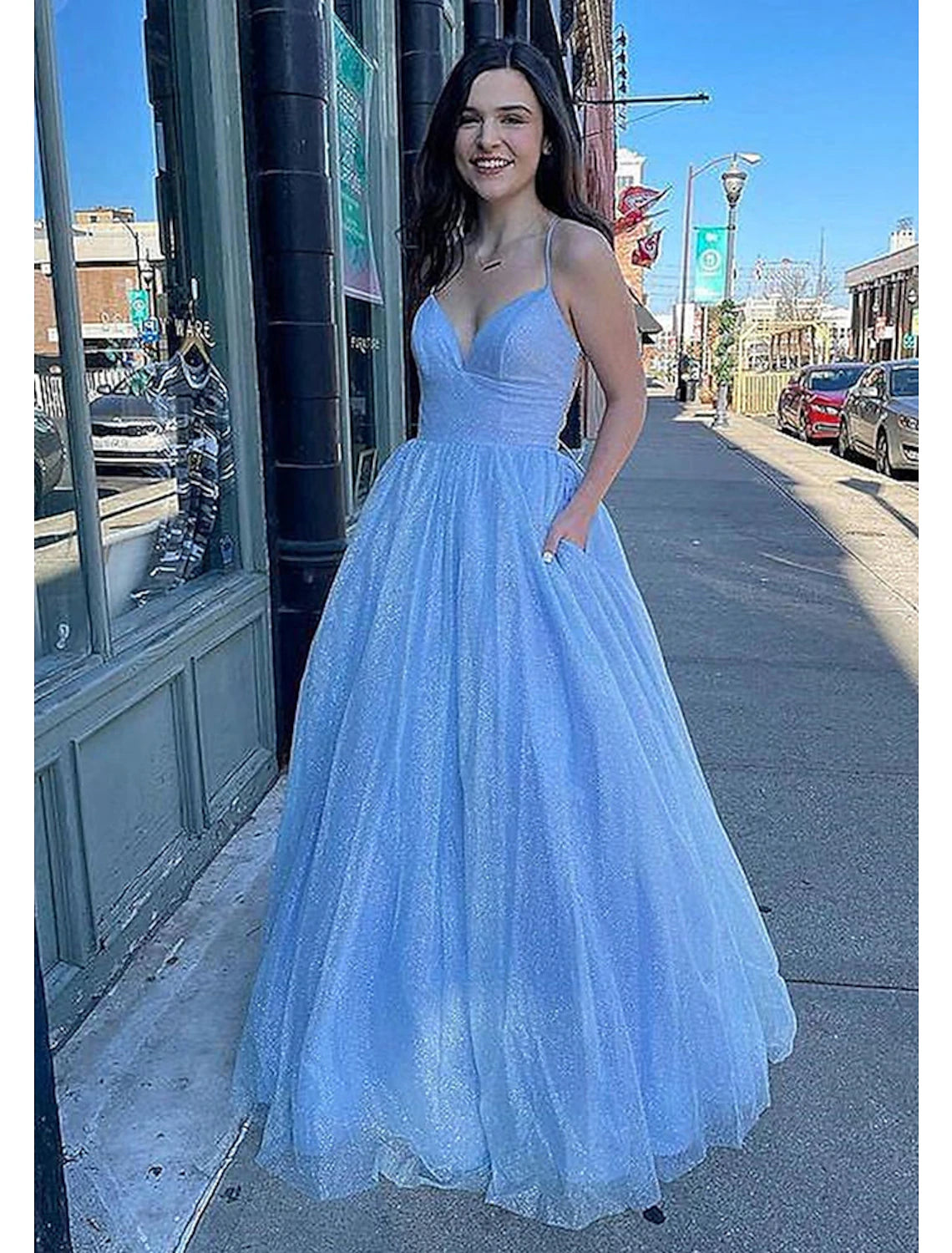 wholesale  Ball Gown A-Line Prom Dresses Sparkle & Shine Dress Formal Prom Floor Length Sleeveless V Neck Tulle Backless with Pleats