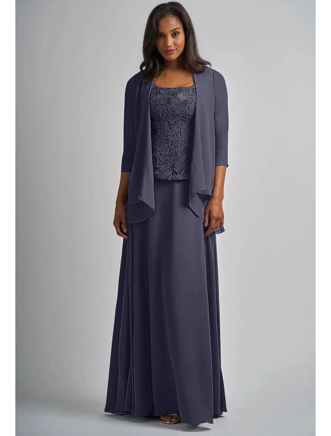 wholesale  Two Piece A-Line Mother of the Bride Dress Elegant Square Neck Floor Length Chiffon Lace 3/4 Length Sleeve Wrap Included with Appliques