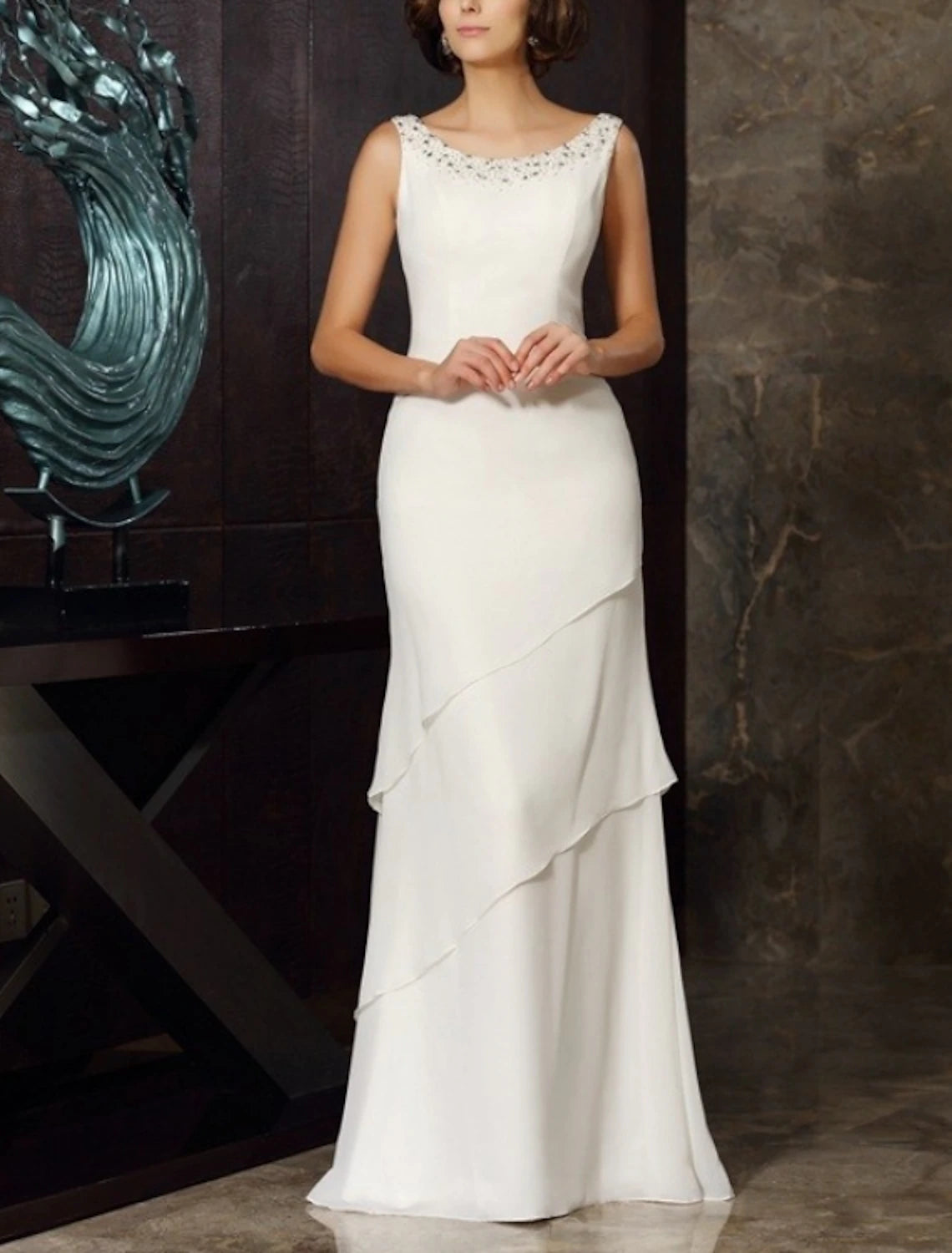 Wholesa Two Piece Sheath / Column Mother of the Bride Dress Wedding Guest Elegant Plus Size Jewel Neck Floor Length Chiffon Long Sleeve Wrap Included Short Jacket Dresses with Beading Cascading Ruffles