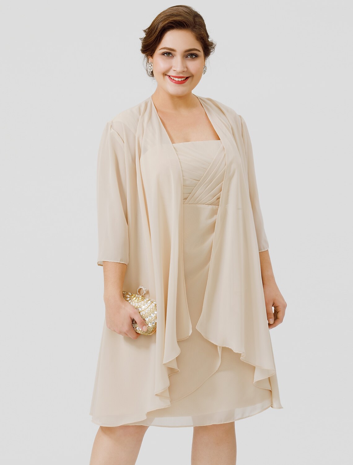 wholesale  Sheath / Column Mother of the Bride Dress Plus Size Elegant Straps Knee Length Chiffon Sheer Lace Sleeveless yes with Criss Cross