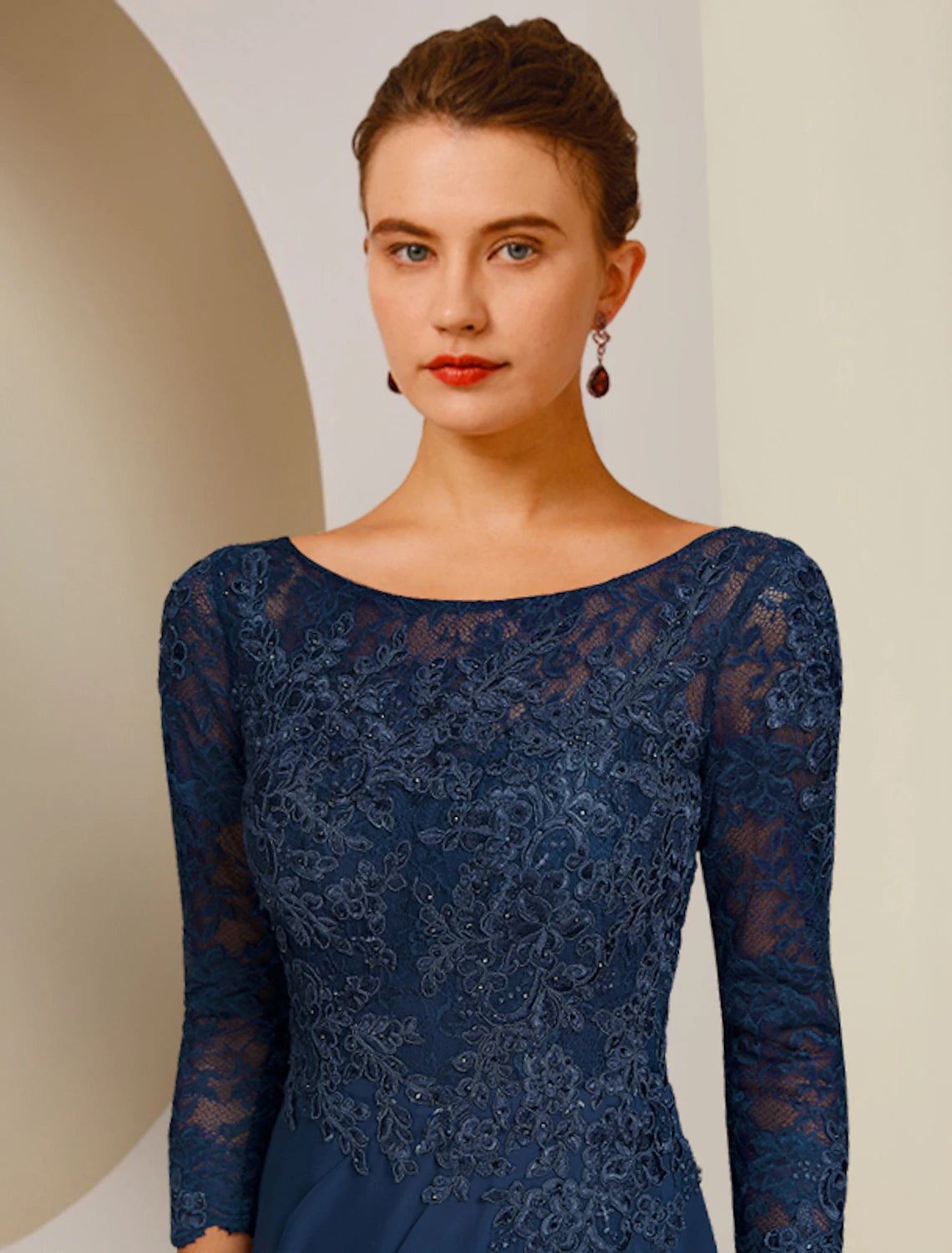 wholesale  A-Line Mother of the Bride Dress Elegant Scoop Neck Floor Length Chiffon Lace 3/4 Length Sleeve with Appliques Split Front