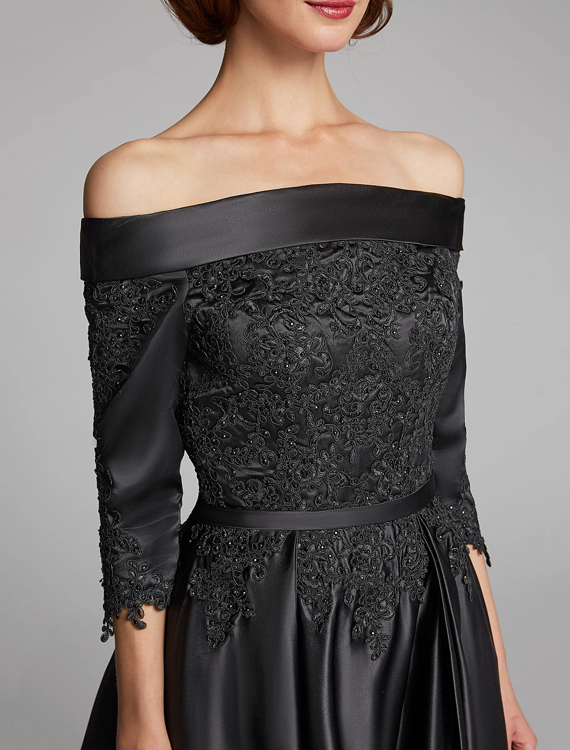 wholesale  A-Line Mother of the Bride Dress Plus Size Sexy Off Shoulder Tea Length Satin Lace 3/4 Length Sleeve with Lace Sash / Ribbon