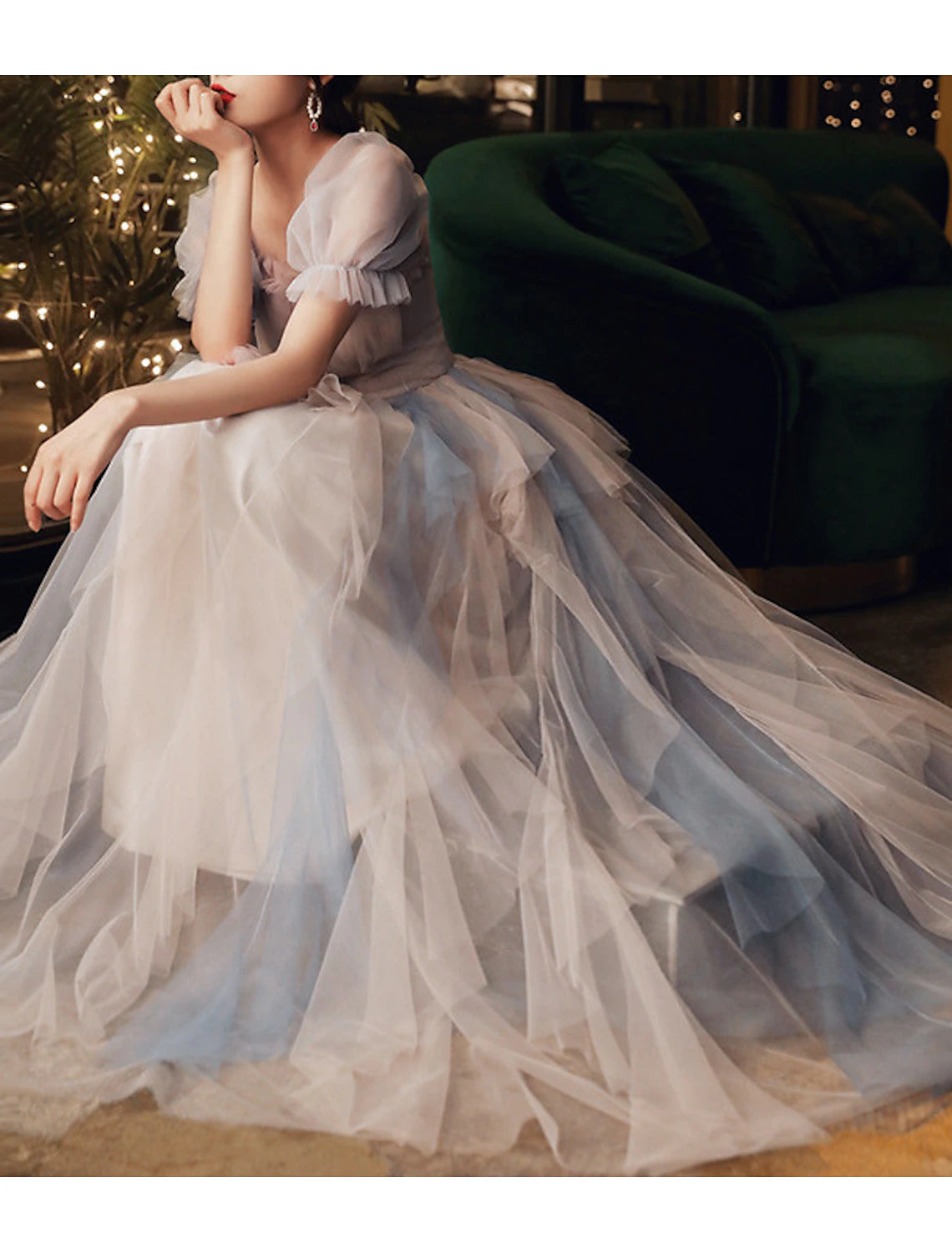 Wholesa A-Line Prom Dresses Color Block Dress Wedding Party Dress Birthday Floor Length Half Sleeve Scoop Neck Tulle with Pleats Ruffles